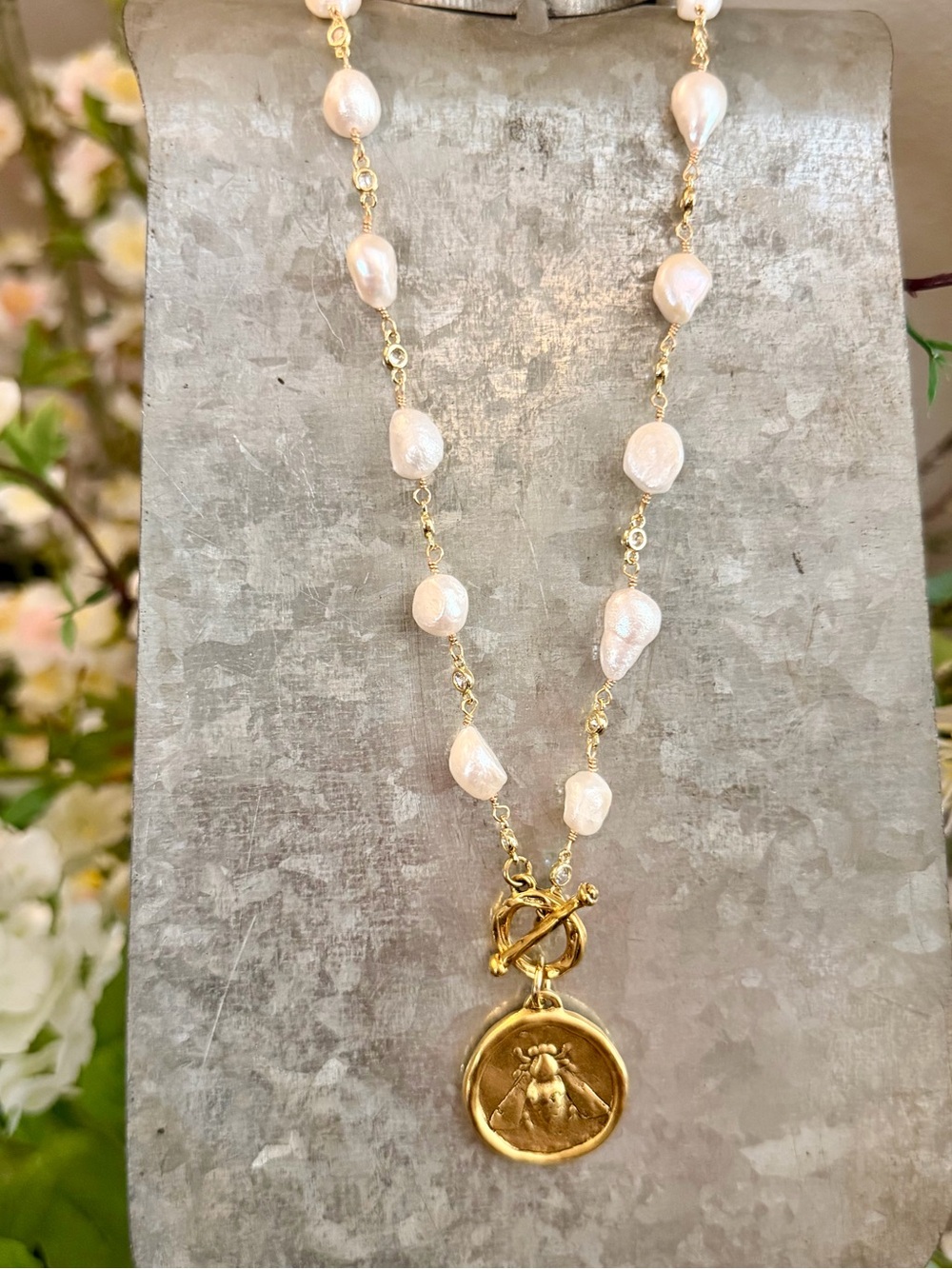 Geniune Fresh Water Pearl Necklace with Gold Bee Medallion - White Pearl